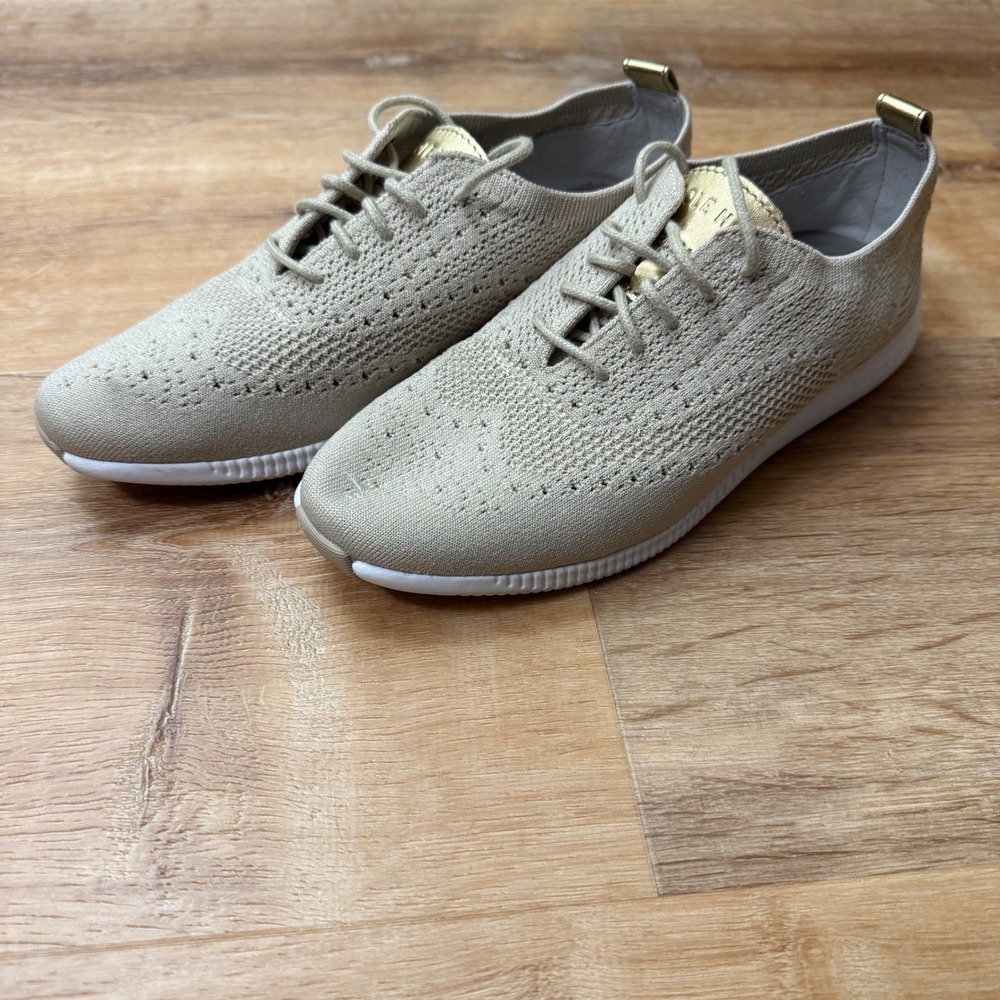 Cole Haan Women's 2 Zerogrand Knit Sneakers Tan Gold Lace Up Casual Shoes 8.5